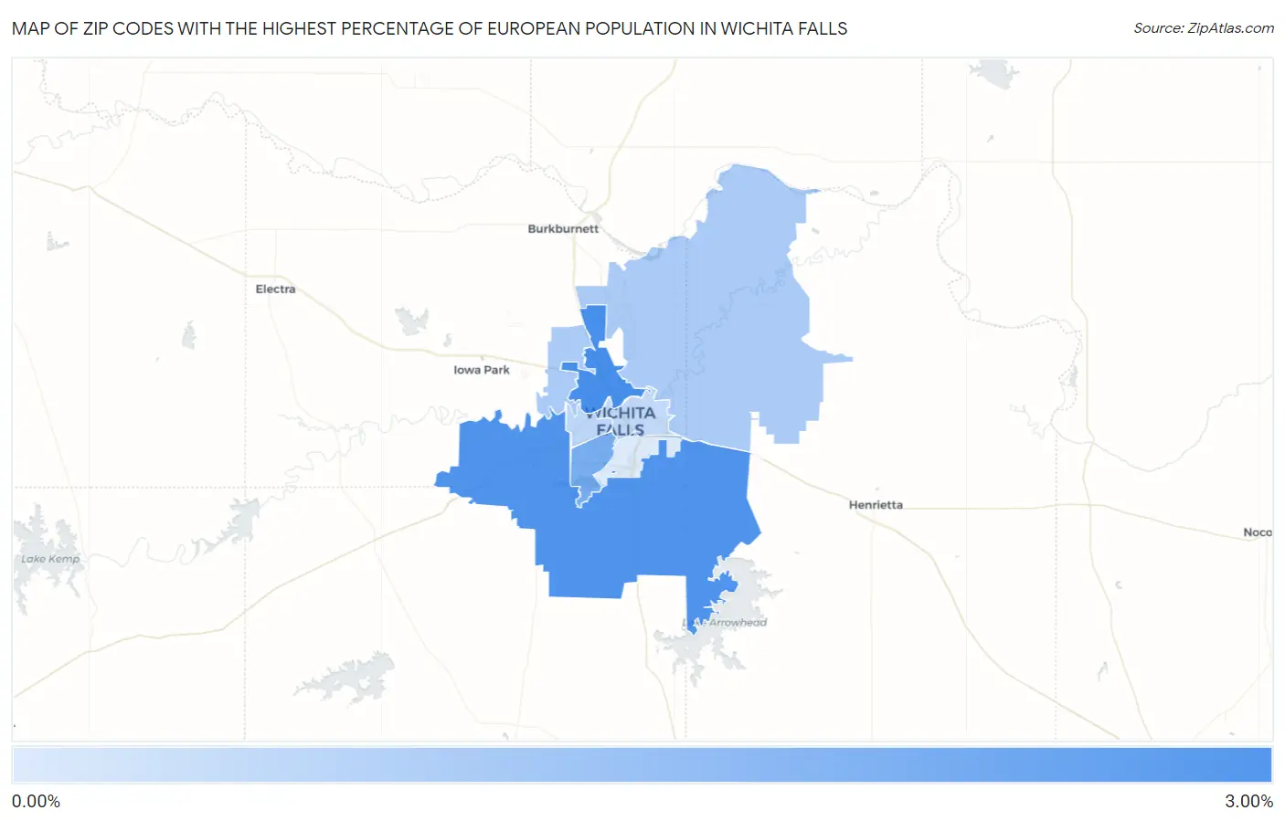 Zip Codes with the Highest Percentage of European Population in Wichita Falls Map