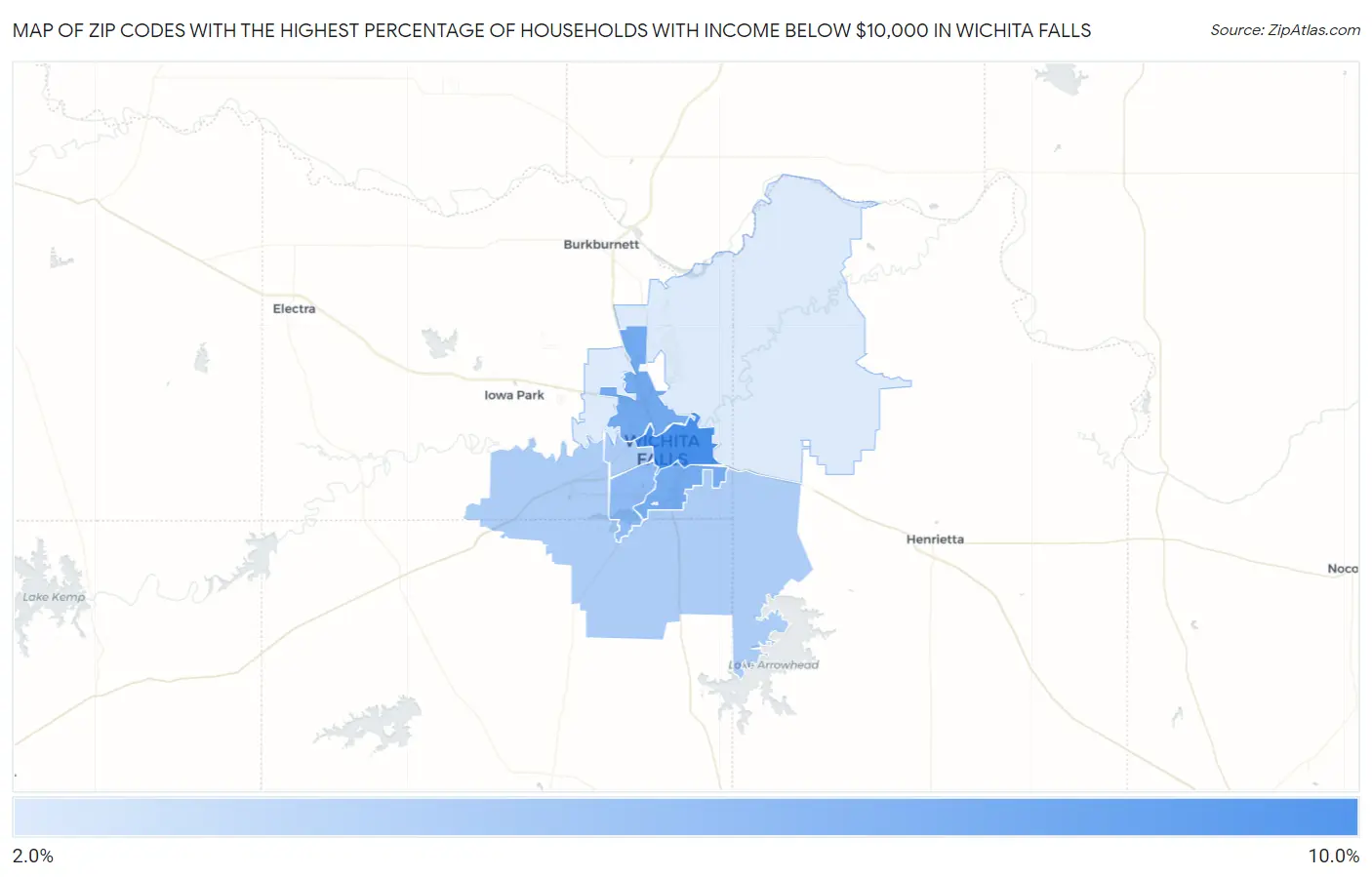 Zip Codes with the Highest Percentage of Households with Income Below $10,000 in Wichita Falls Map