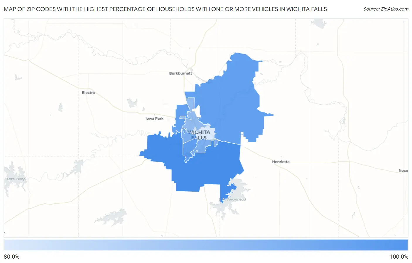 Zip Codes with the Highest Percentage of Households With One or more Vehicles in Wichita Falls Map