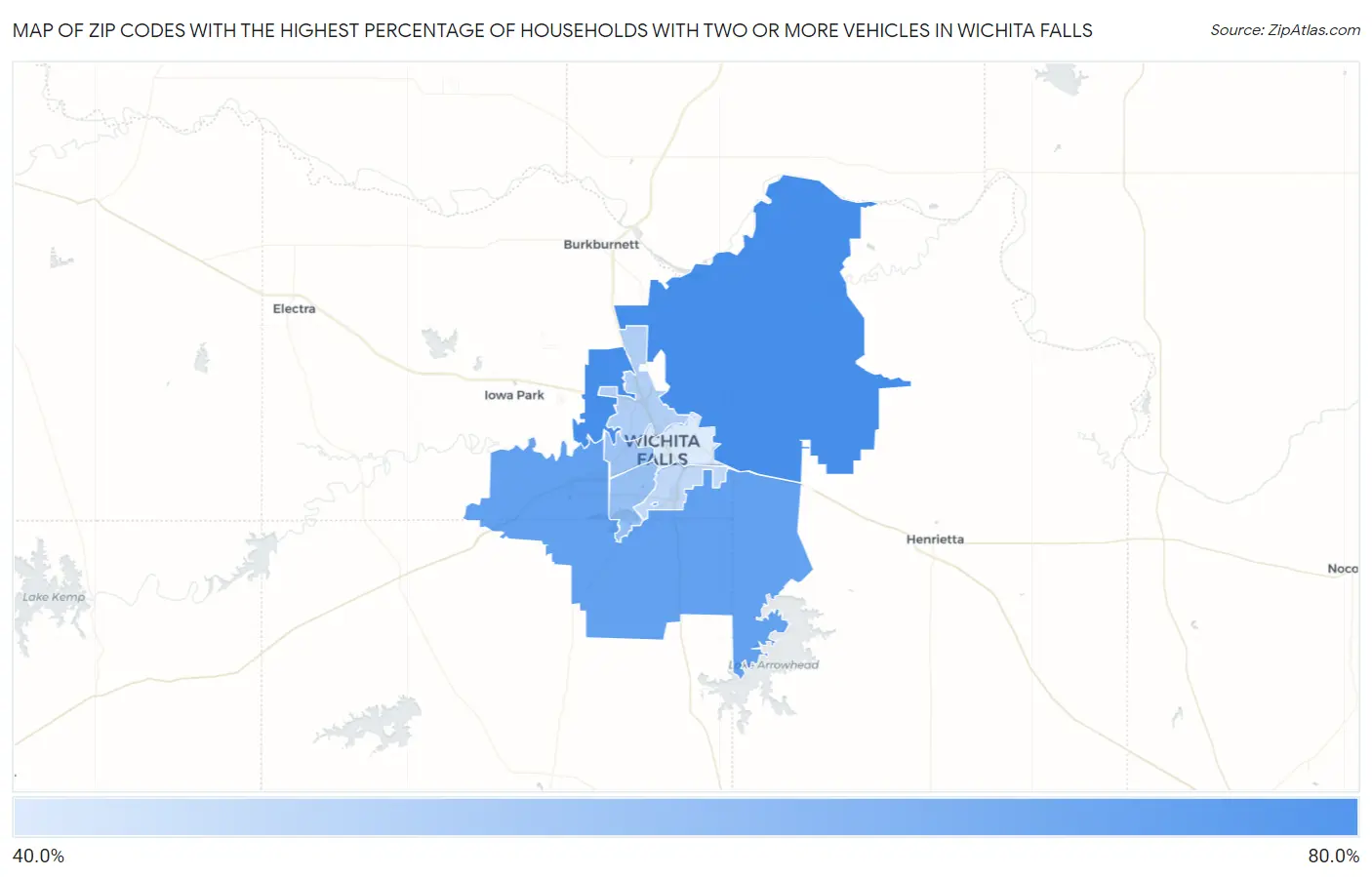 Zip Codes with the Highest Percentage of Households With Two or more Vehicles in Wichita Falls Map