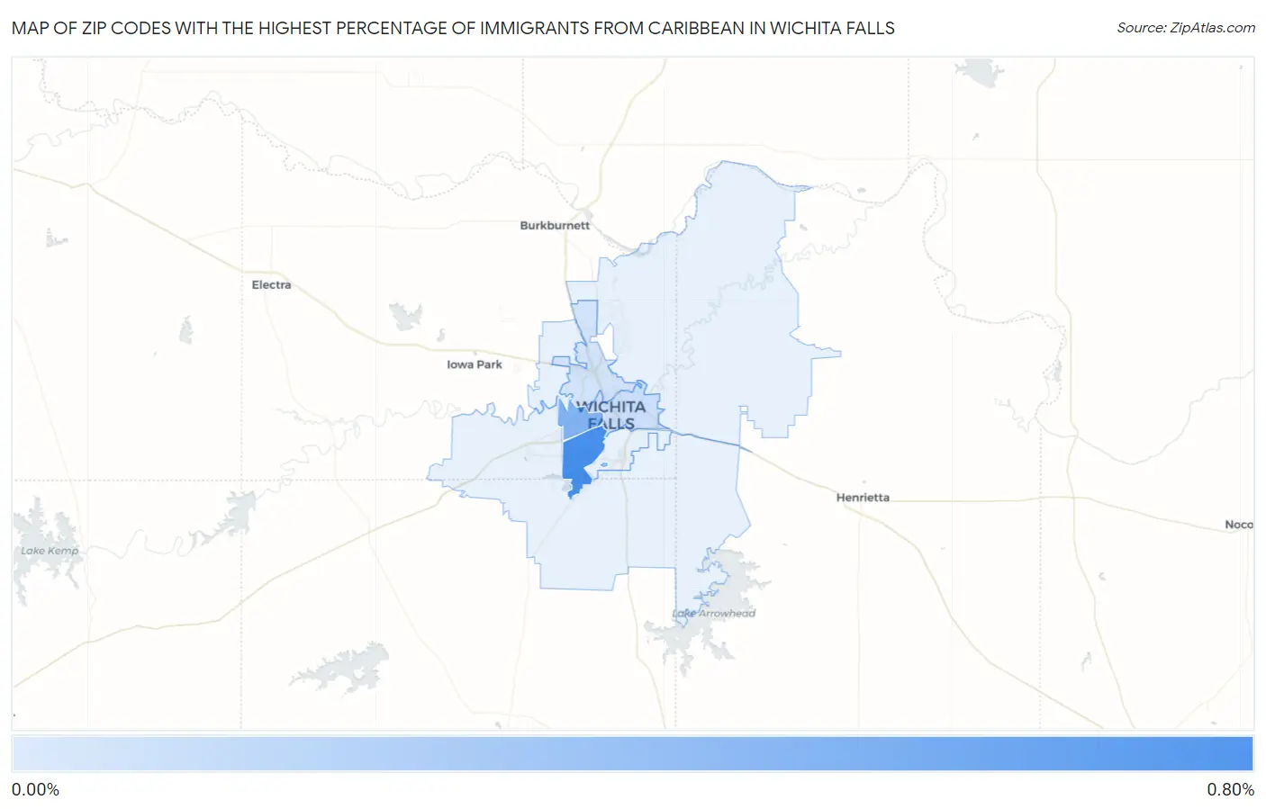 Zip Codes with the Highest Percentage of Immigrants from Caribbean in Wichita Falls Map