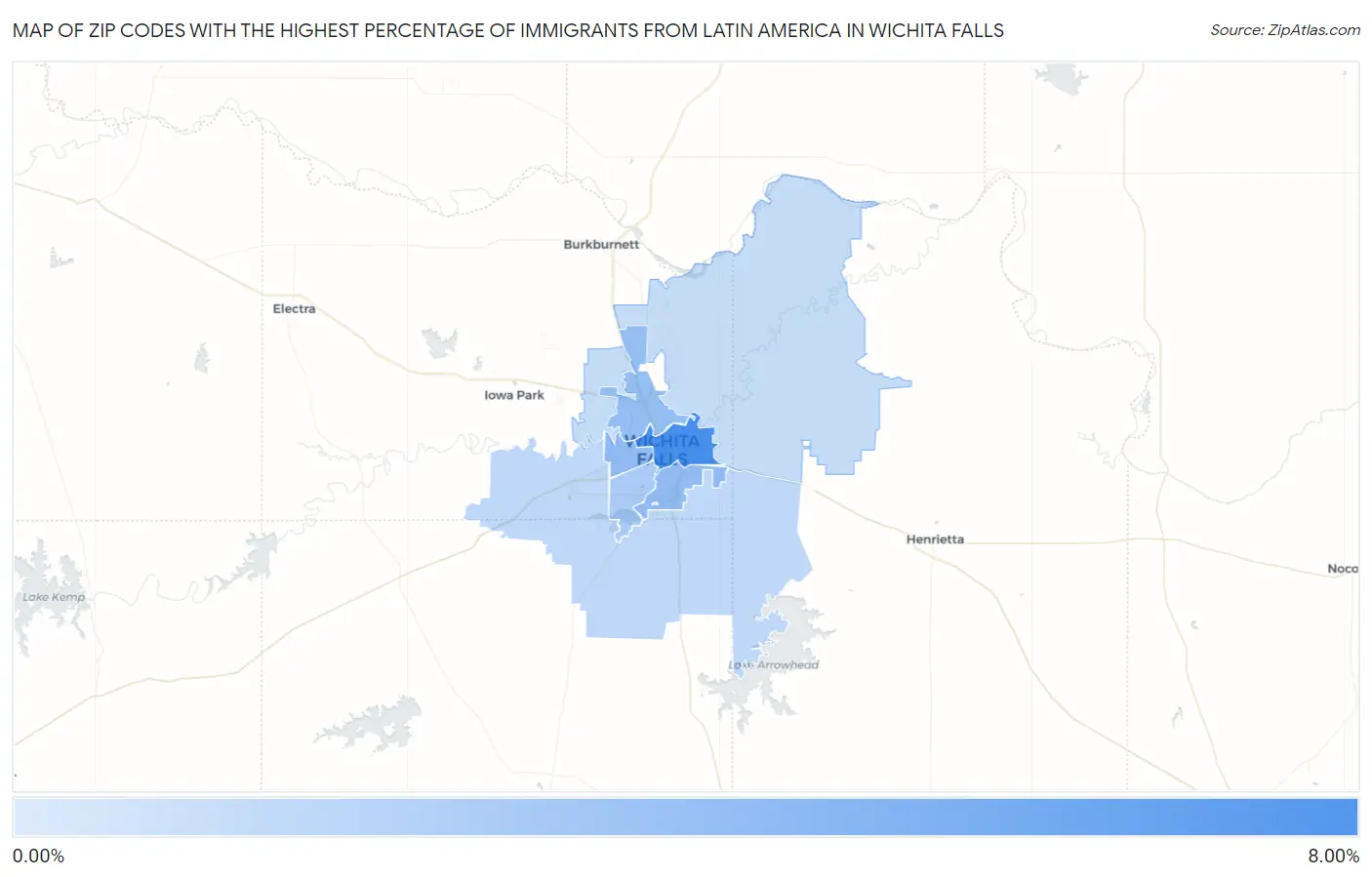 Zip Codes with the Highest Percentage of Immigrants from Latin America in Wichita Falls Map