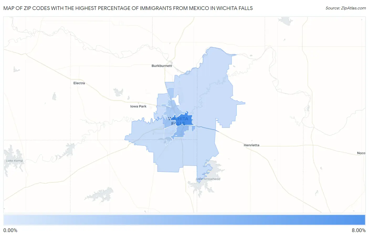 Zip Codes with the Highest Percentage of Immigrants from Mexico in Wichita Falls Map