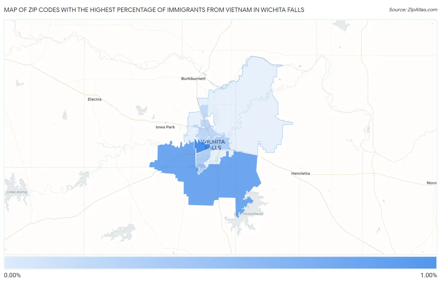 Zip Codes with the Highest Percentage of Immigrants from Vietnam in Wichita Falls Map