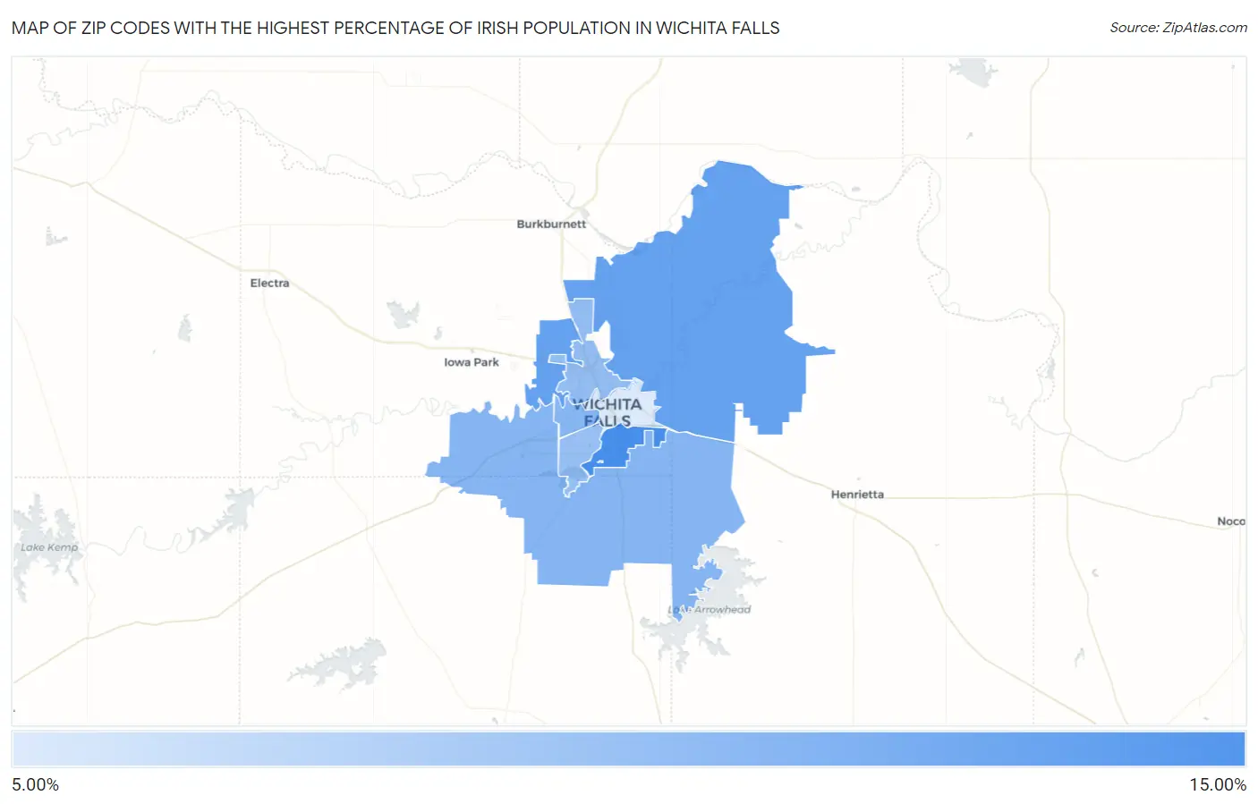 Zip Codes with the Highest Percentage of Irish Population in Wichita Falls Map