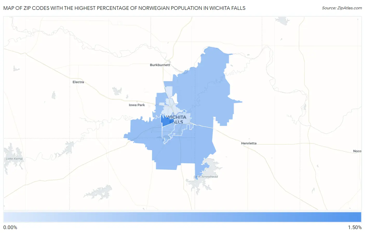 Zip Codes with the Highest Percentage of Norwegian Population in Wichita Falls Map