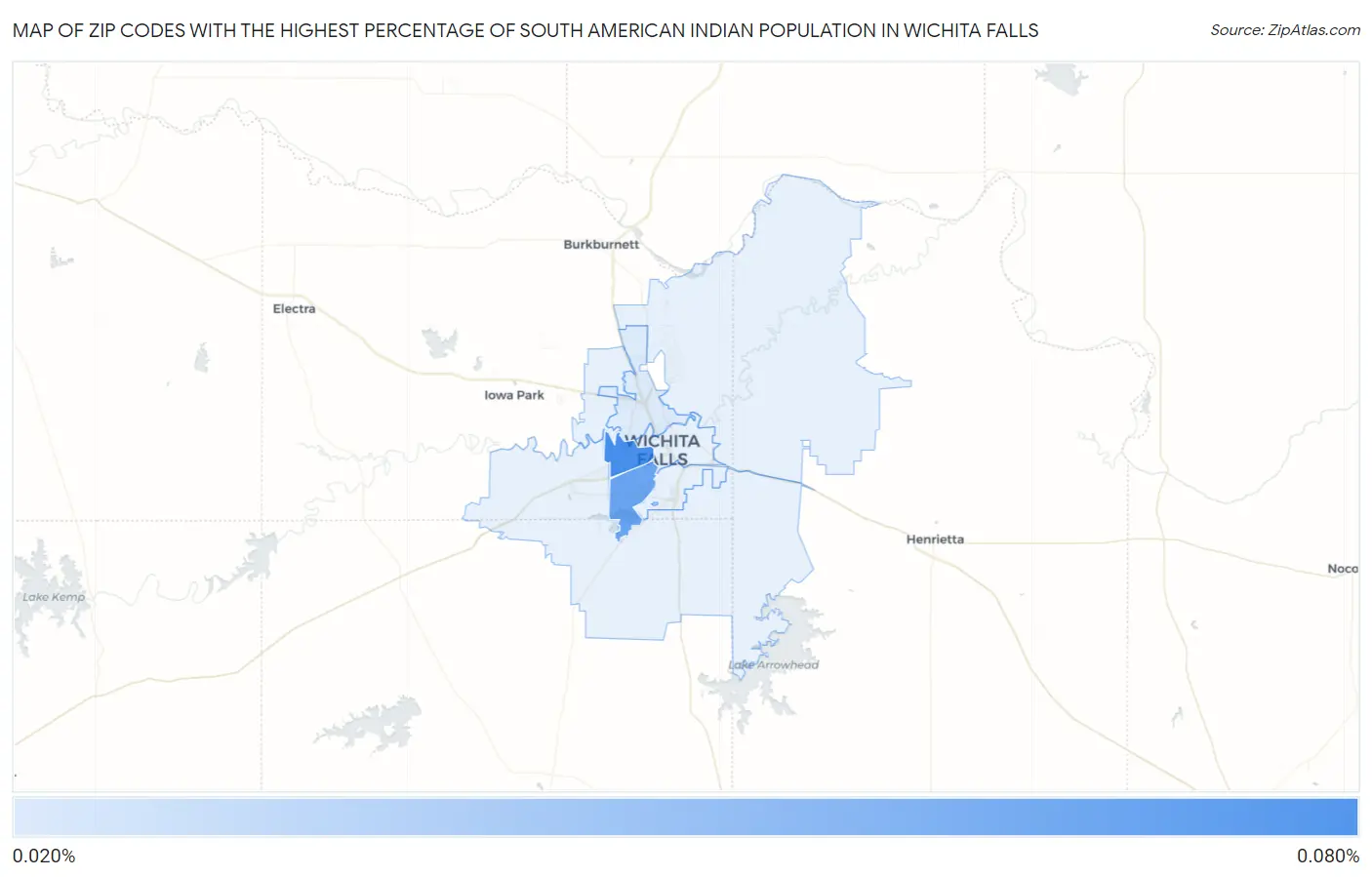Zip Codes with the Highest Percentage of South American Indian Population in Wichita Falls Map