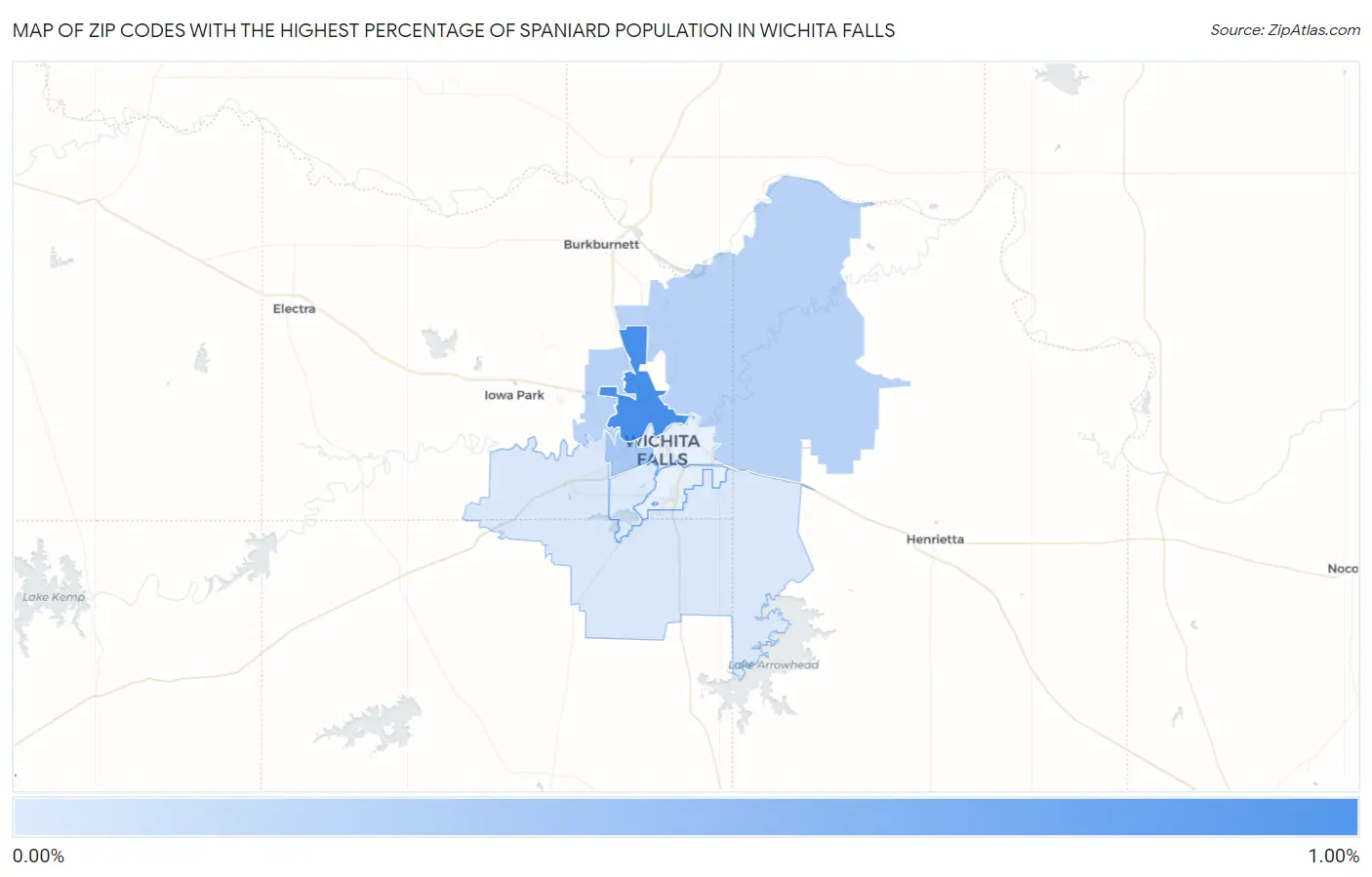 Zip Codes with the Highest Percentage of Spaniard Population in Wichita Falls Map