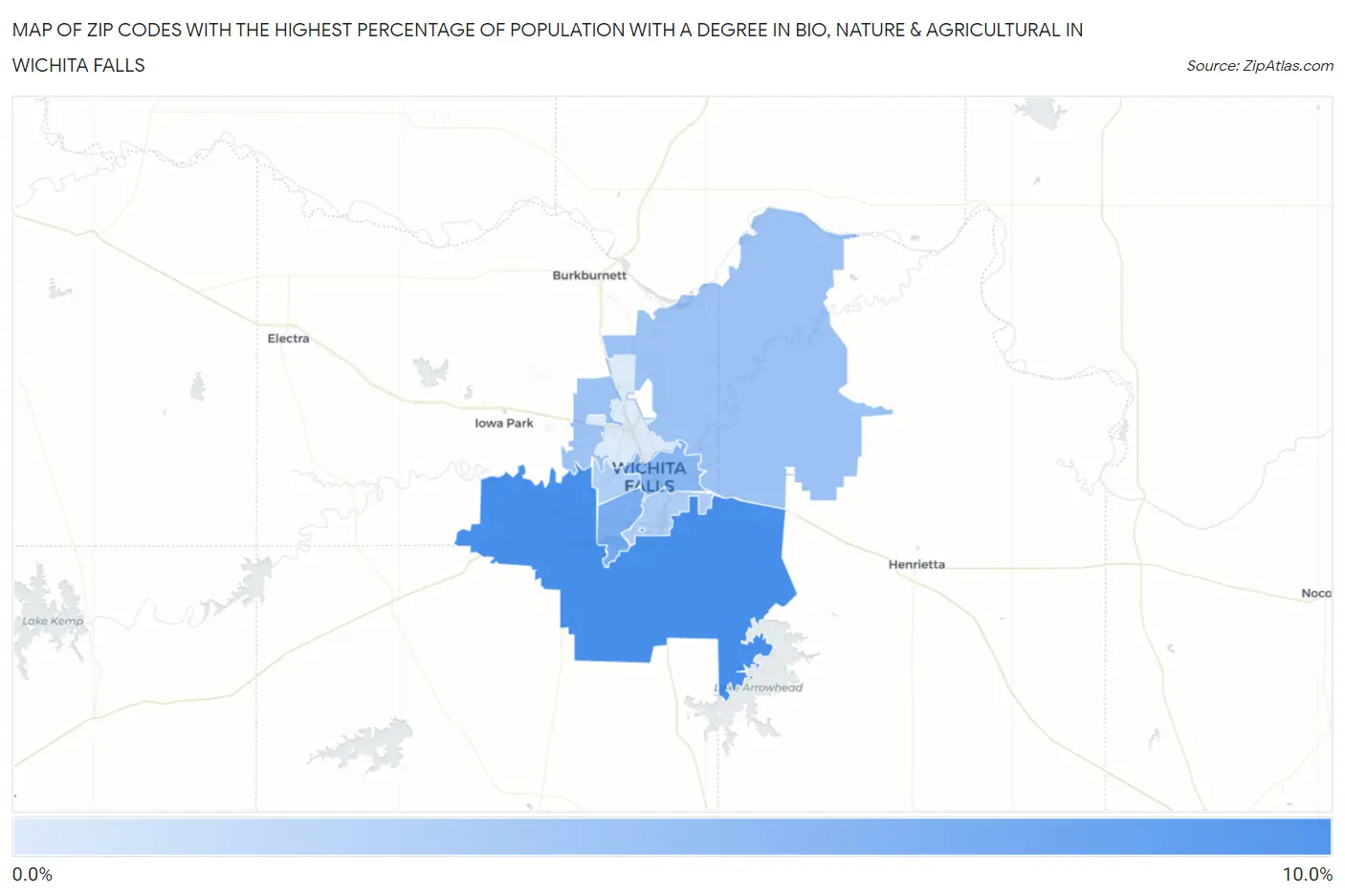 Zip Codes with the Highest Percentage of Population with a Degree in Bio, Nature & Agricultural in Wichita Falls Map