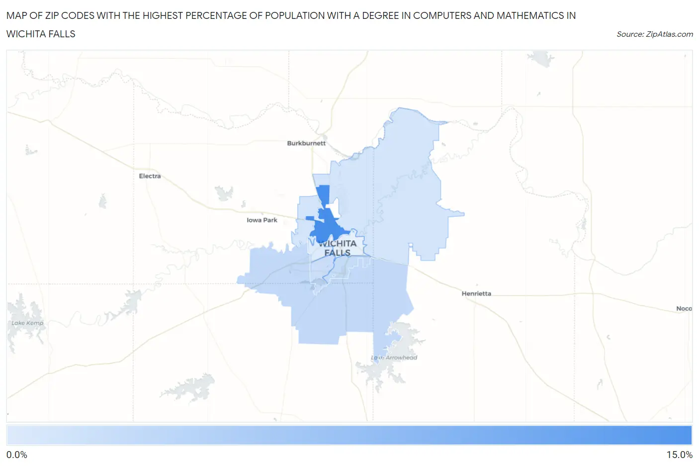 Zip Codes with the Highest Percentage of Population with a Degree in Computers and Mathematics in Wichita Falls Map