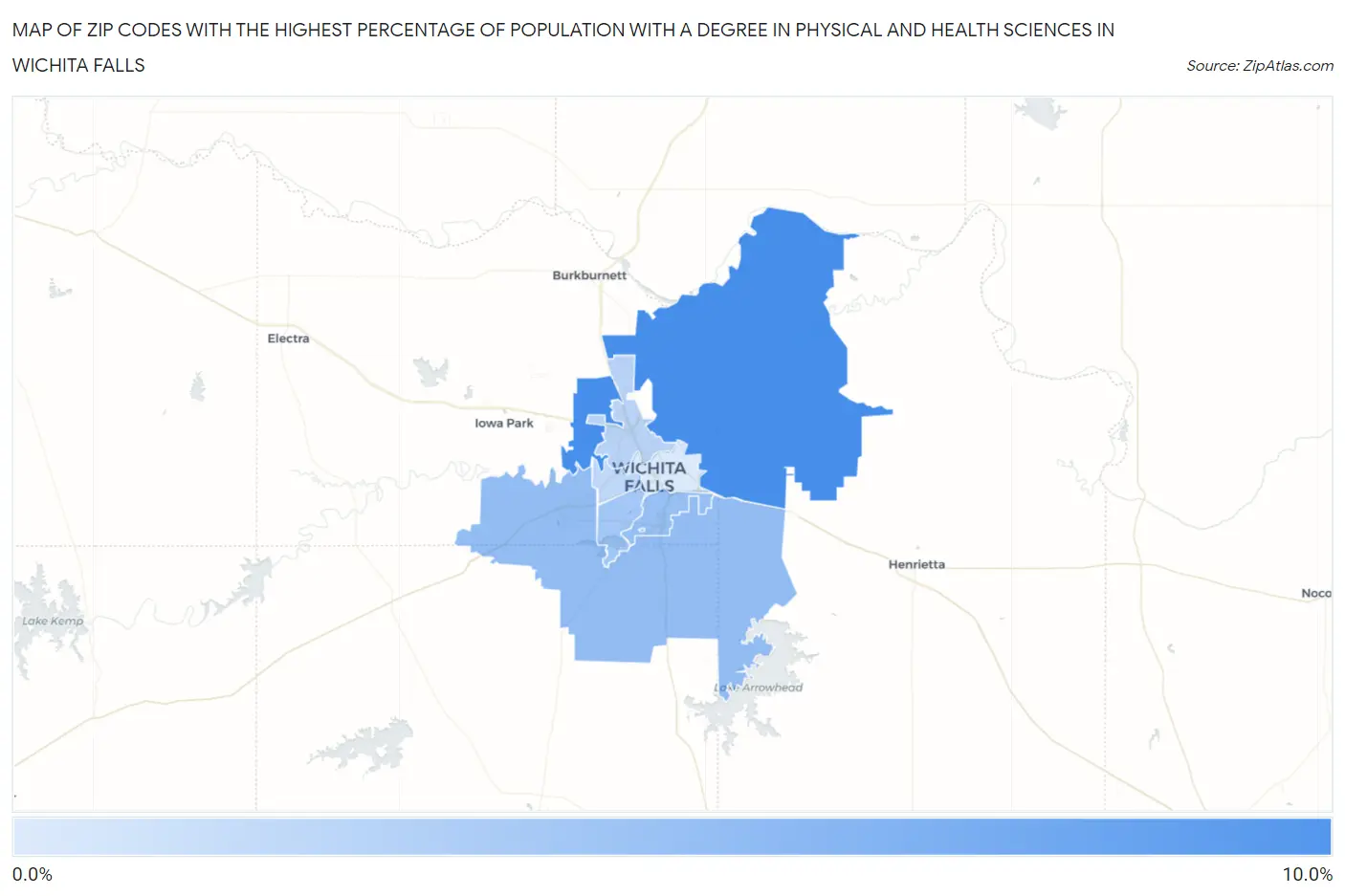 Zip Codes with the Highest Percentage of Population with a Degree in Physical and Health Sciences in Wichita Falls Map