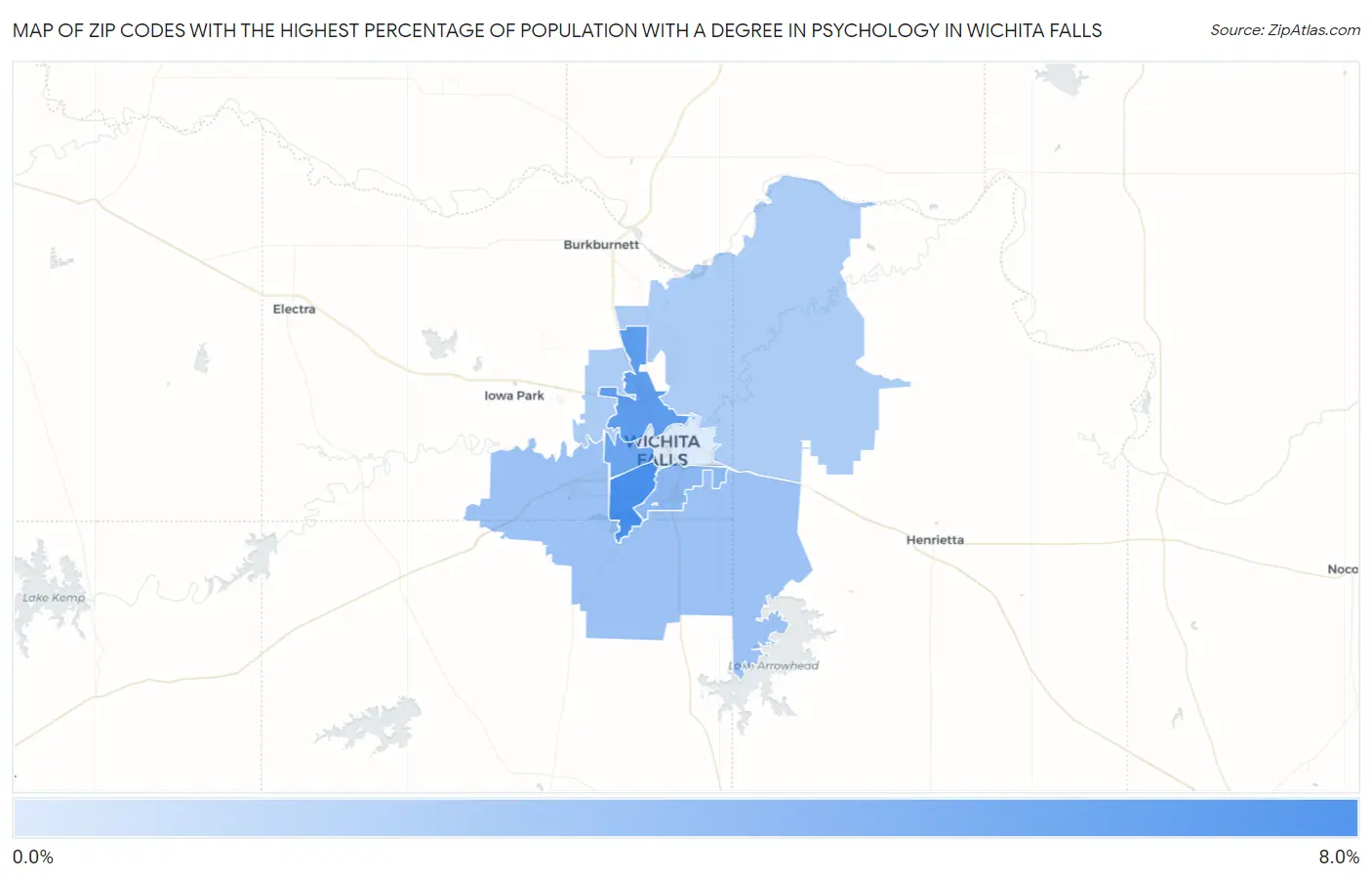 Zip Codes with the Highest Percentage of Population with a Degree in Psychology in Wichita Falls Map
