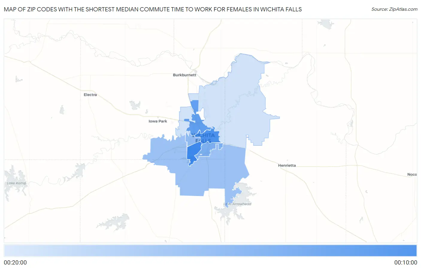 Zip Codes with the Shortest Median Commute Time to Work for Females in Wichita Falls Map