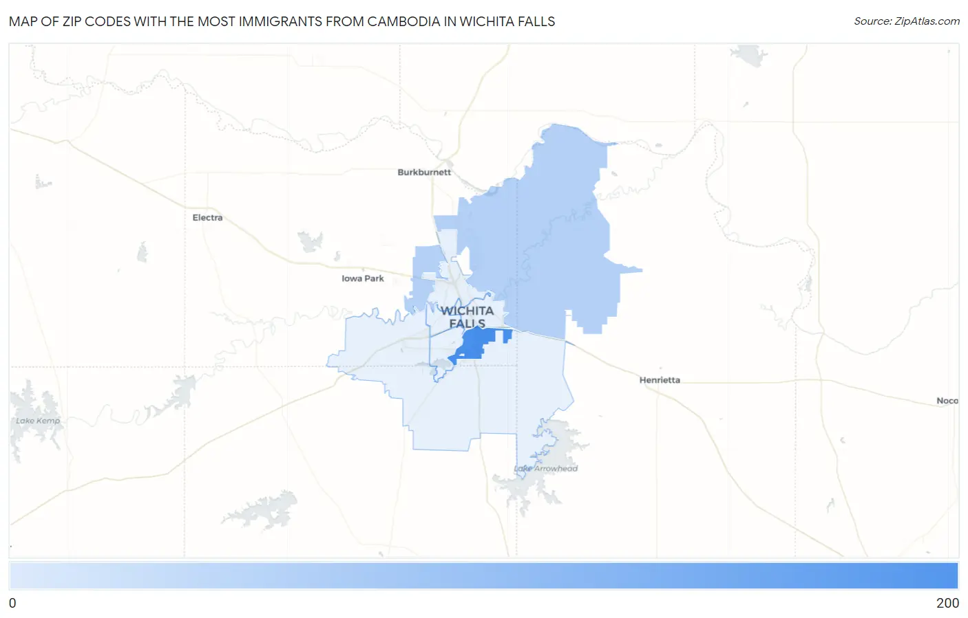 Zip Codes with the Most Immigrants from Cambodia in Wichita Falls Map