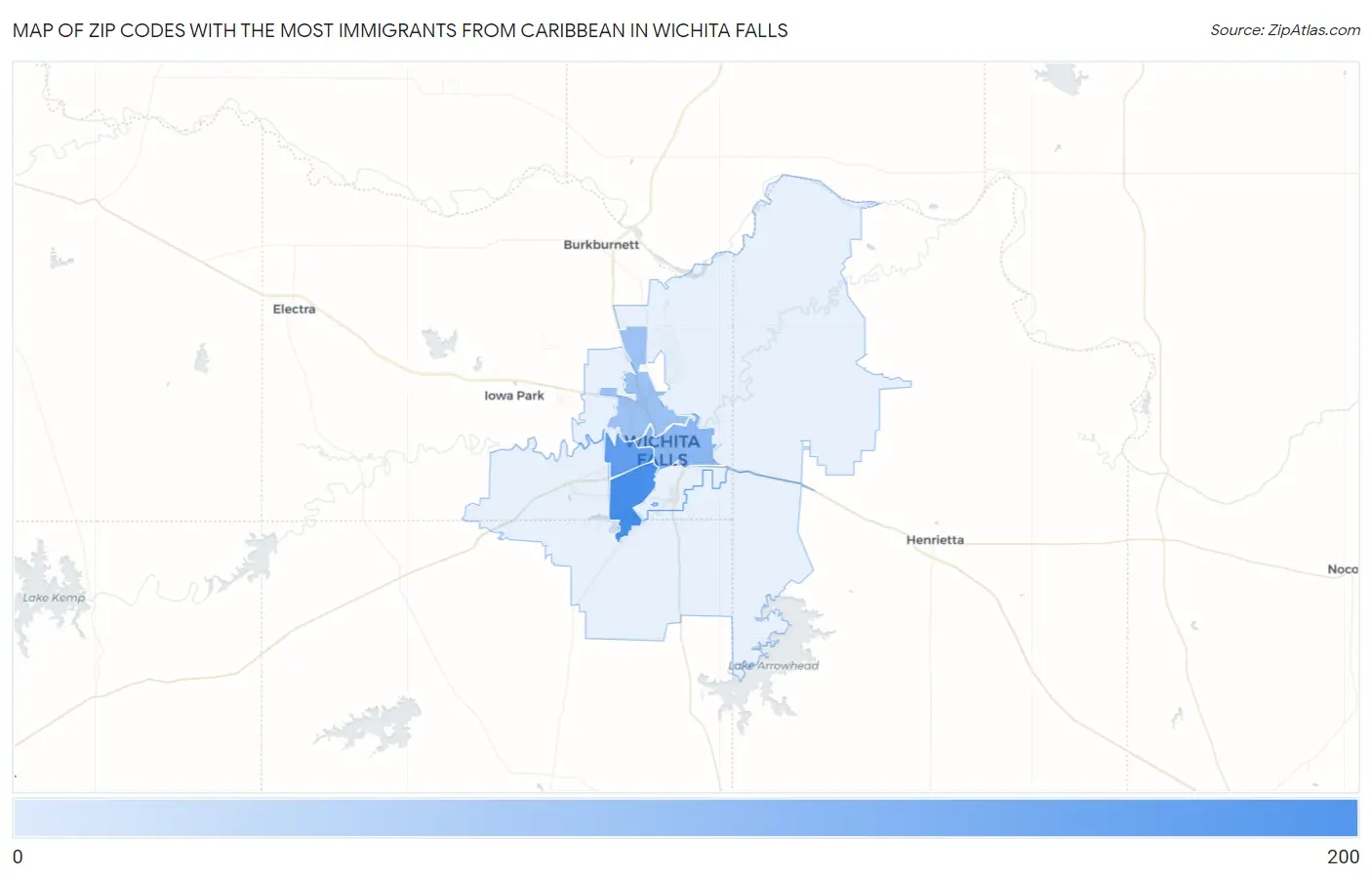 Zip Codes with the Most Immigrants from Caribbean in Wichita Falls Map