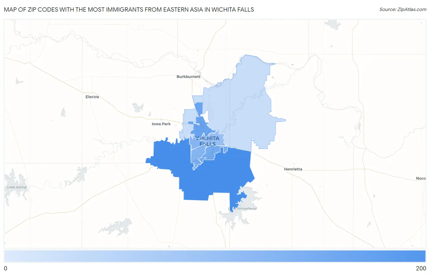 Zip Codes with the Most Immigrants from Eastern Asia in Wichita Falls Map