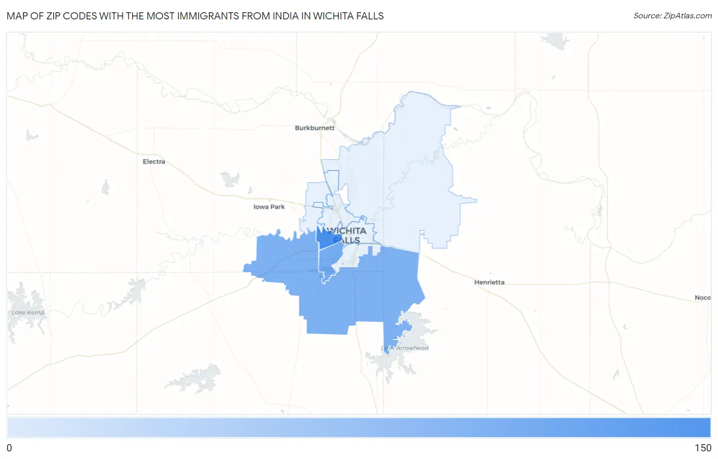 Zip Codes with the Most Immigrants from India in Wichita Falls Map
