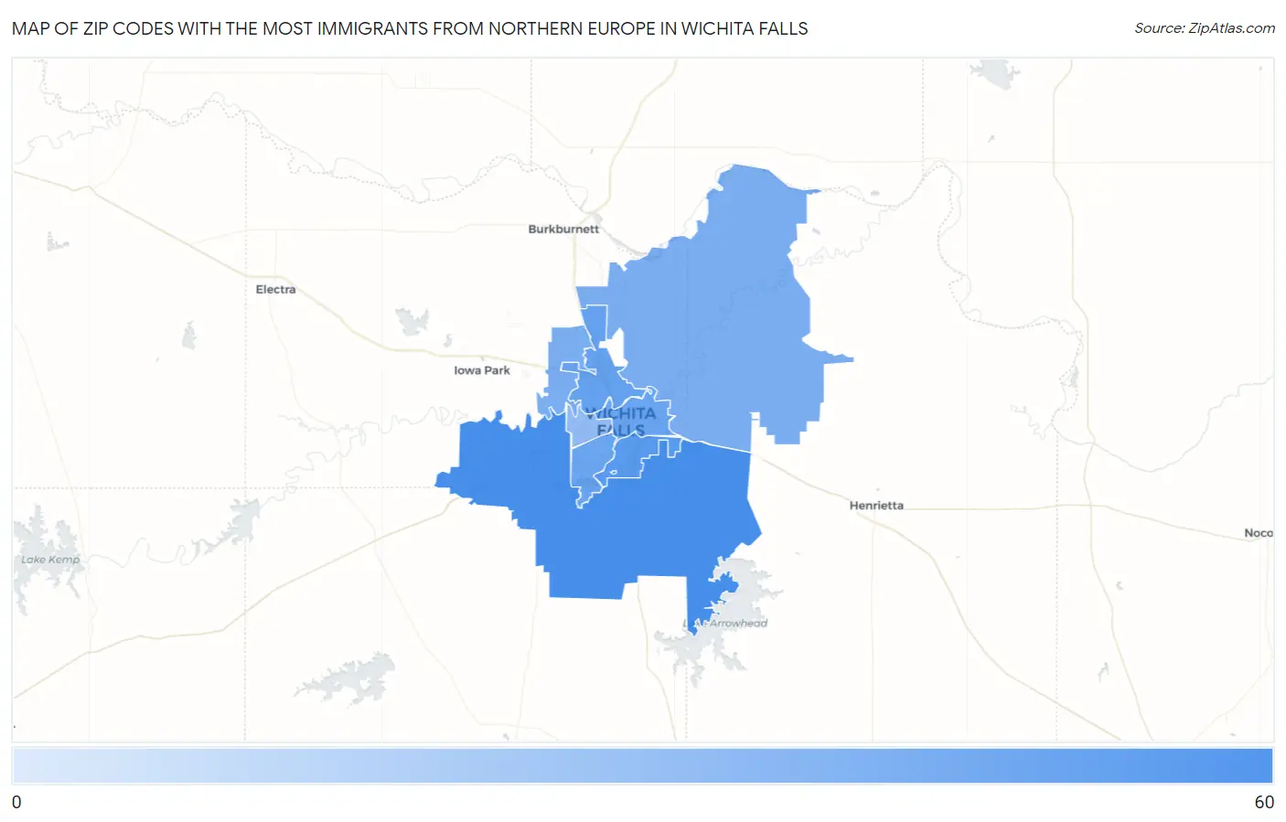 Zip Codes with the Most Immigrants from Northern Europe in Wichita Falls Map