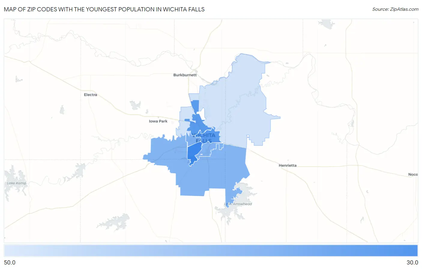 Zip Codes with the Youngest Population in Wichita Falls Map