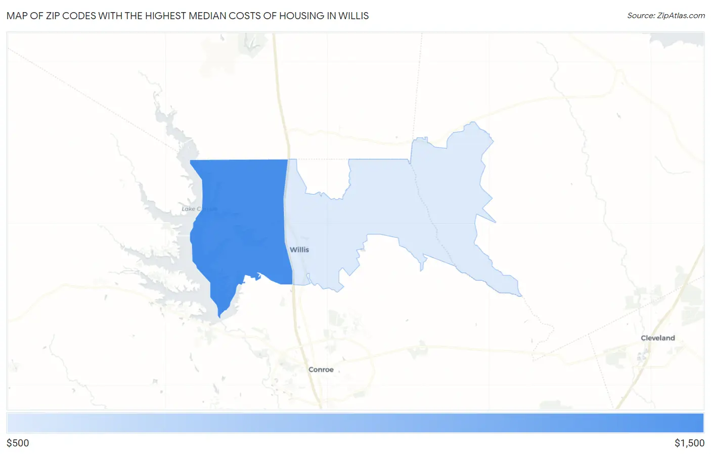 Zip Codes with the Highest Median Costs of Housing in Willis Map