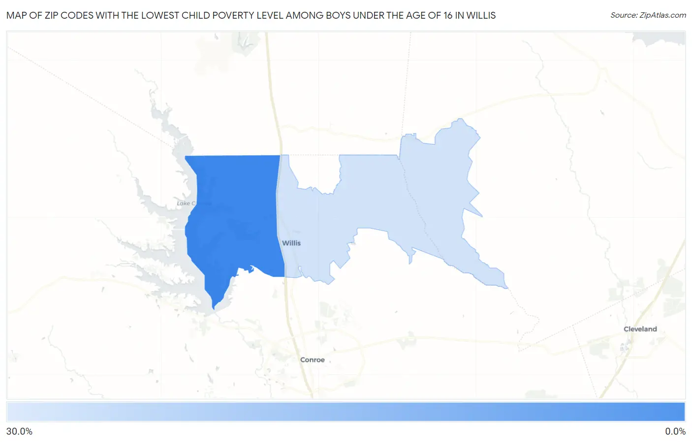 Zip Codes with the Lowest Child Poverty Level Among Boys Under the Age of 16 in Willis Map