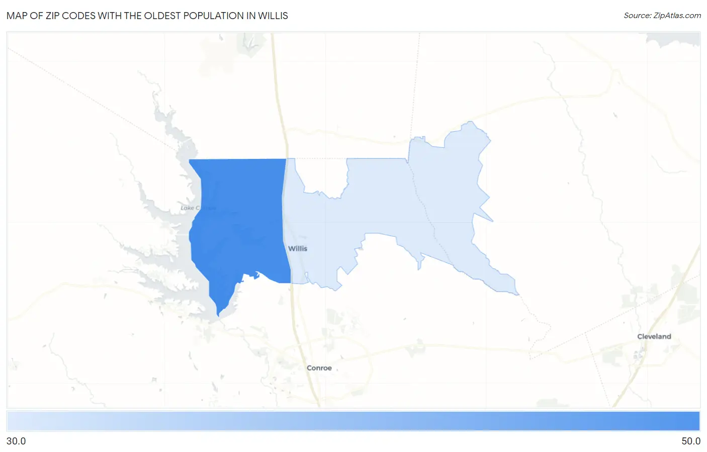 Zip Codes with the Oldest Population in Willis Map