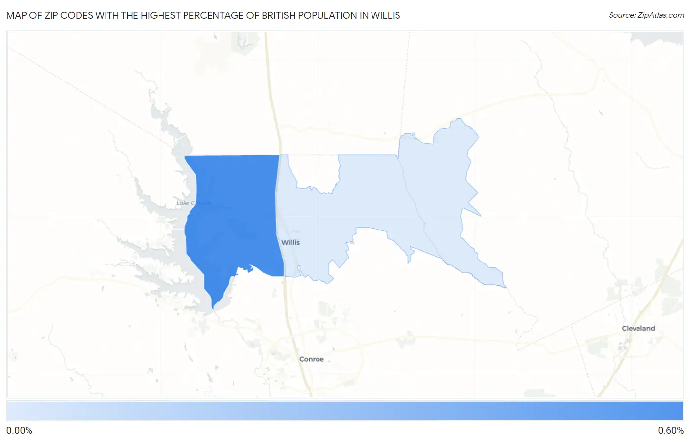 Zip Codes with the Highest Percentage of British Population in Willis Map