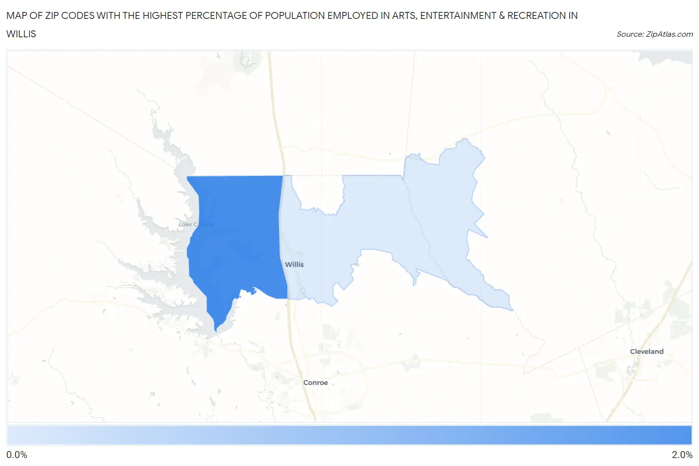 Zip Codes with the Highest Percentage of Population Employed in Arts, Entertainment & Recreation in Willis Map