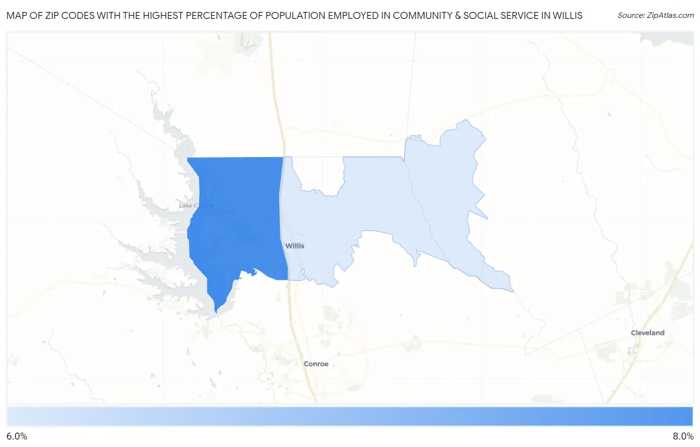 Zip Codes with the Highest Percentage of Population Employed in Community & Social Service  in Willis Map