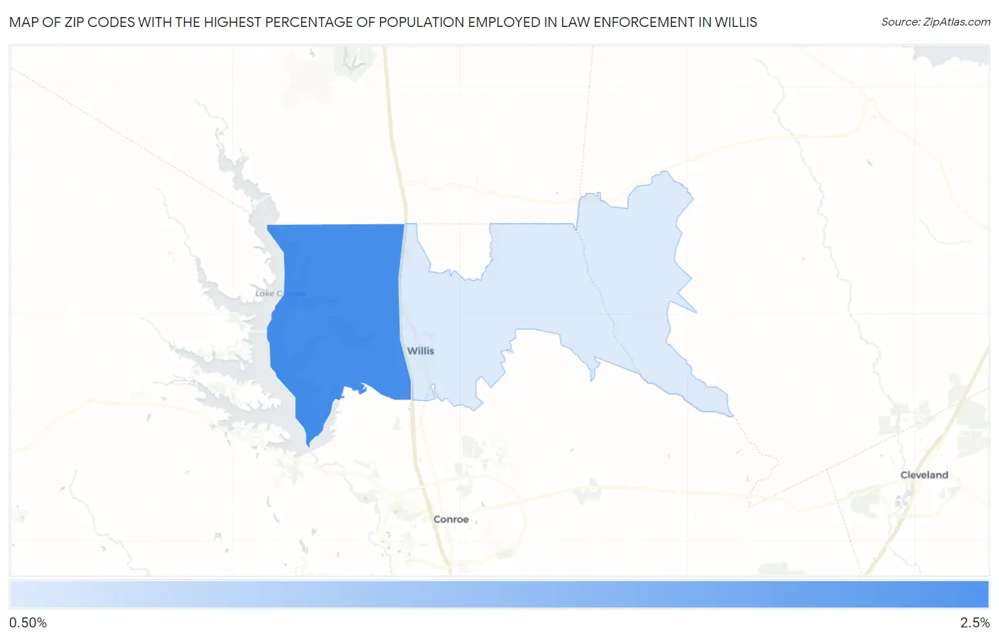 Zip Codes with the Highest Percentage of Population Employed in Law Enforcement in Willis Map
