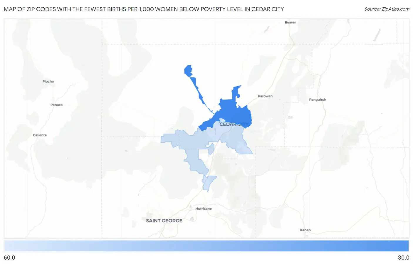 Zip Codes with the Fewest Births per 1,000 Women Below Poverty Level in Cedar City Map