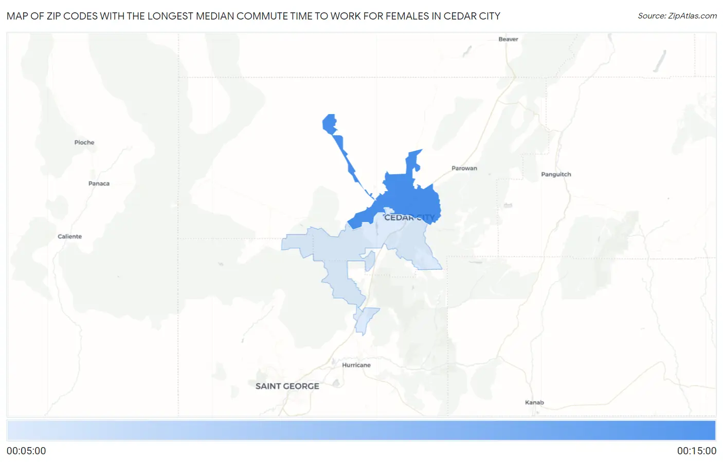 Zip Codes with the Longest Median Commute Time to Work for Females in Cedar City Map