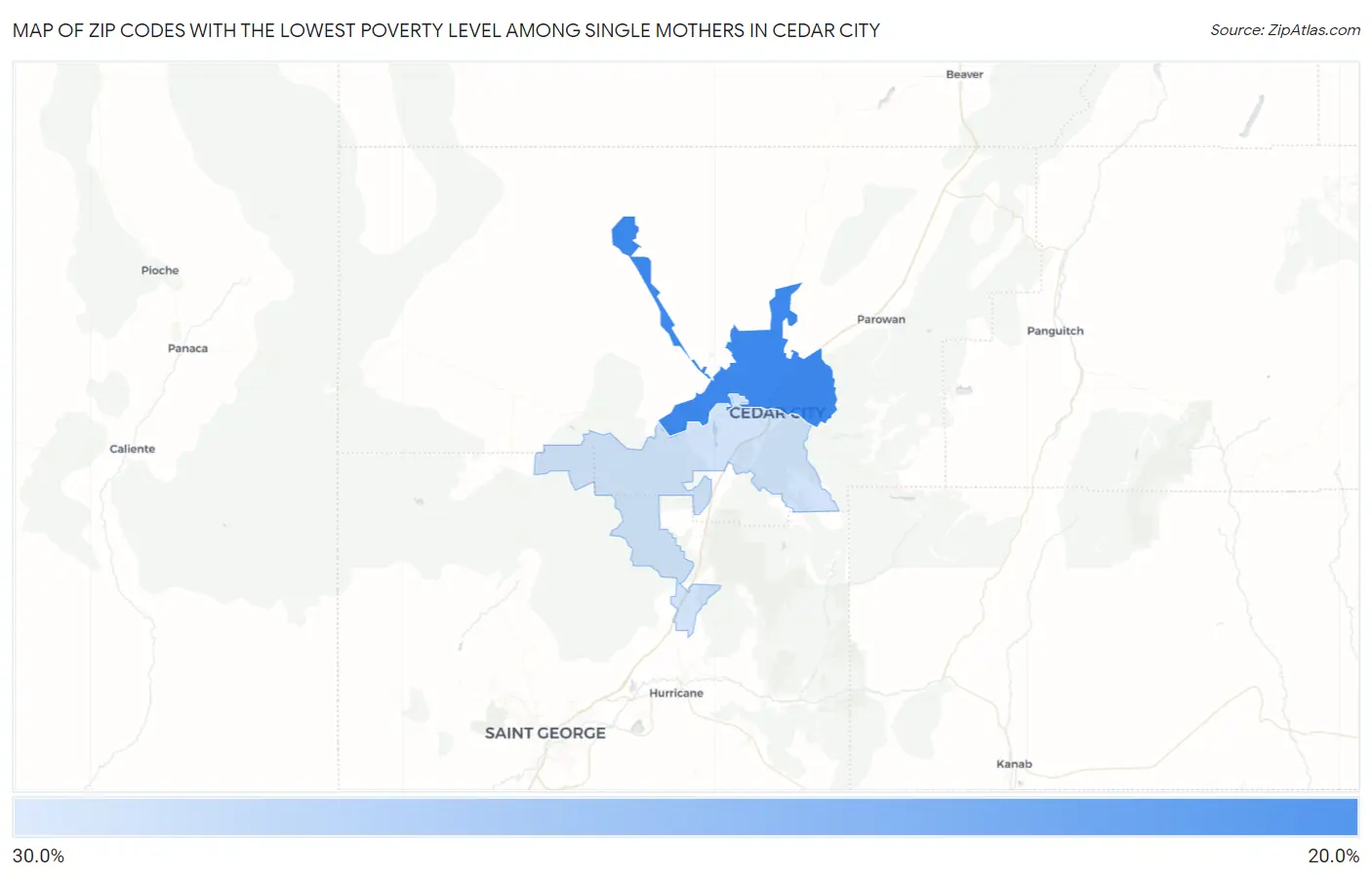 Zip Codes with the Lowest Poverty Level Among Single Mothers in Cedar City Map