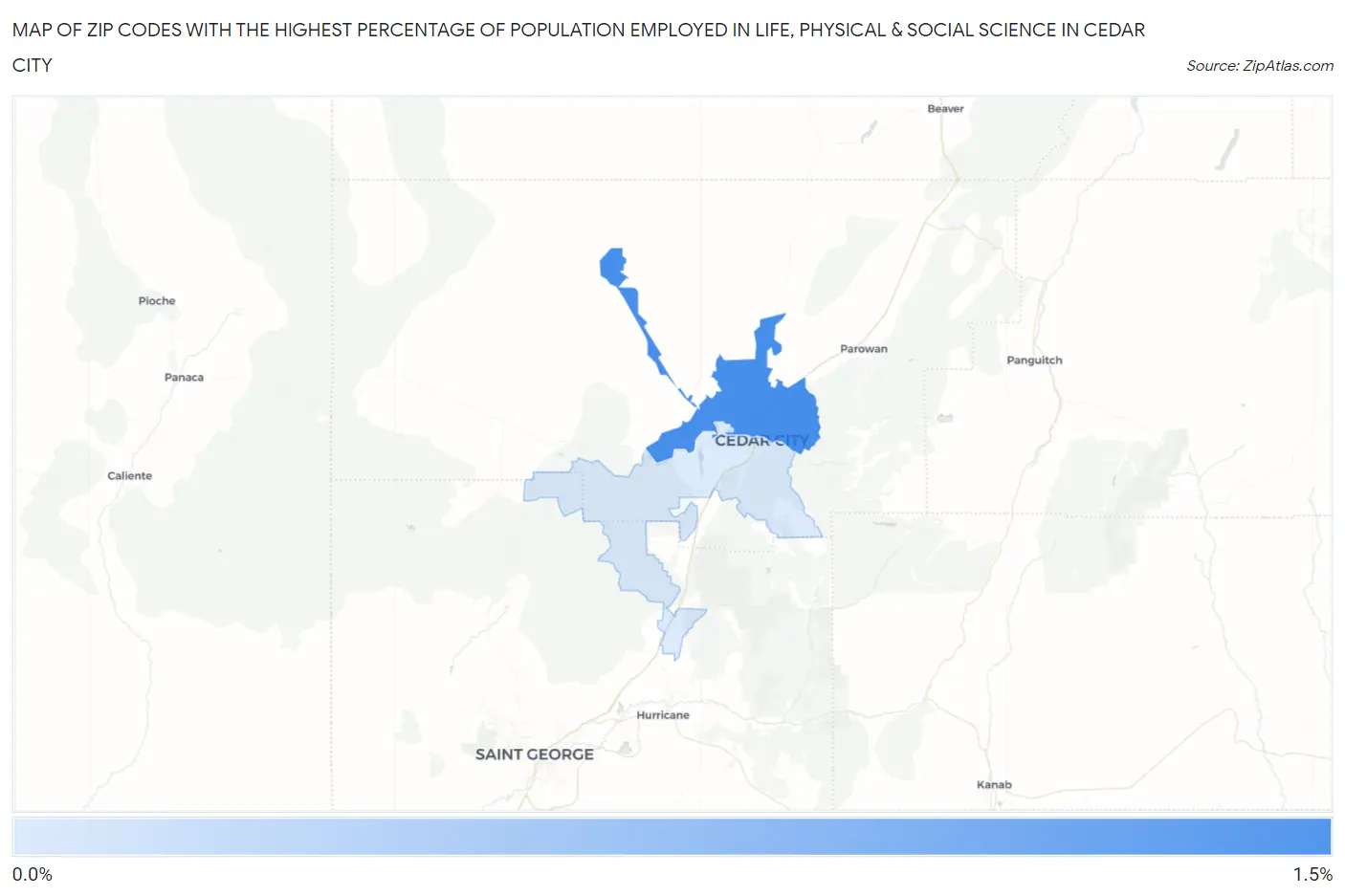 Zip Codes with the Highest Percentage of Population Employed in Life, Physical & Social Science in Cedar City Map