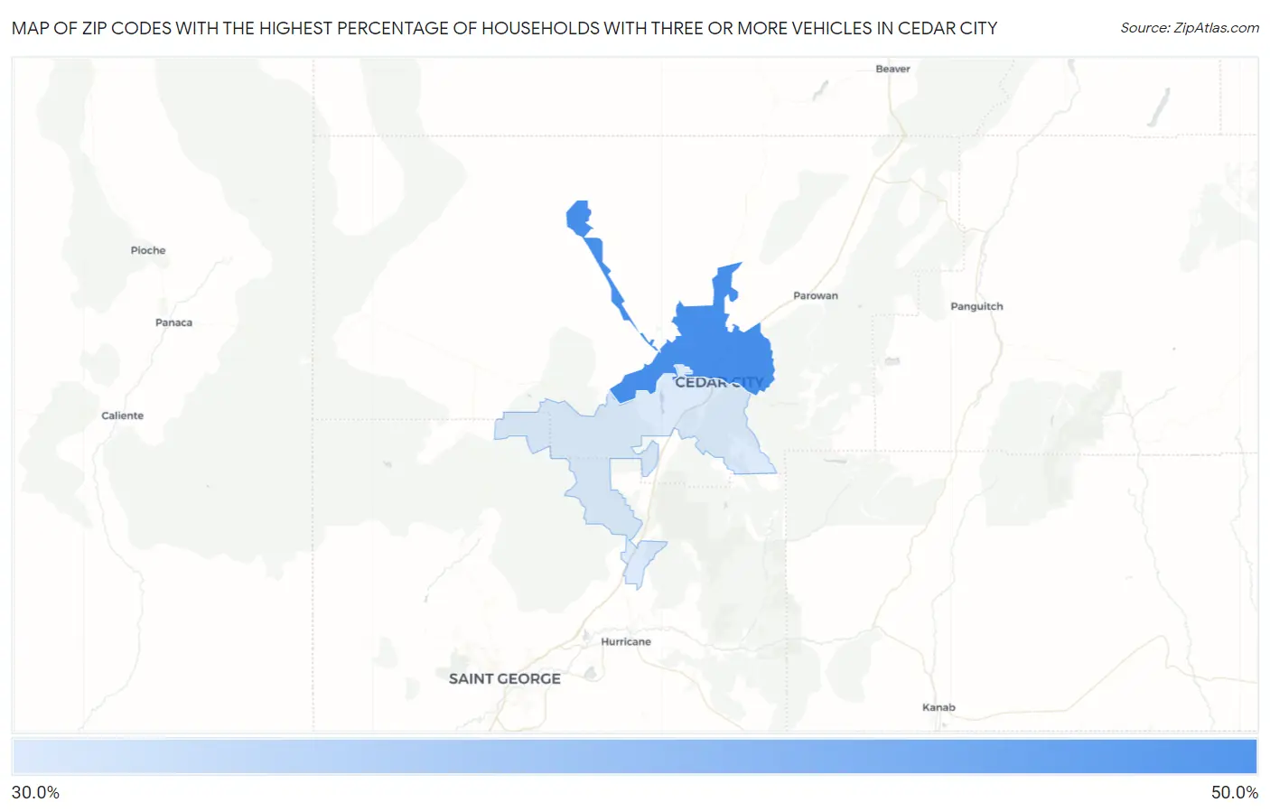 Zip Codes with the Highest Percentage of Households With Three or more Vehicles in Cedar City Map