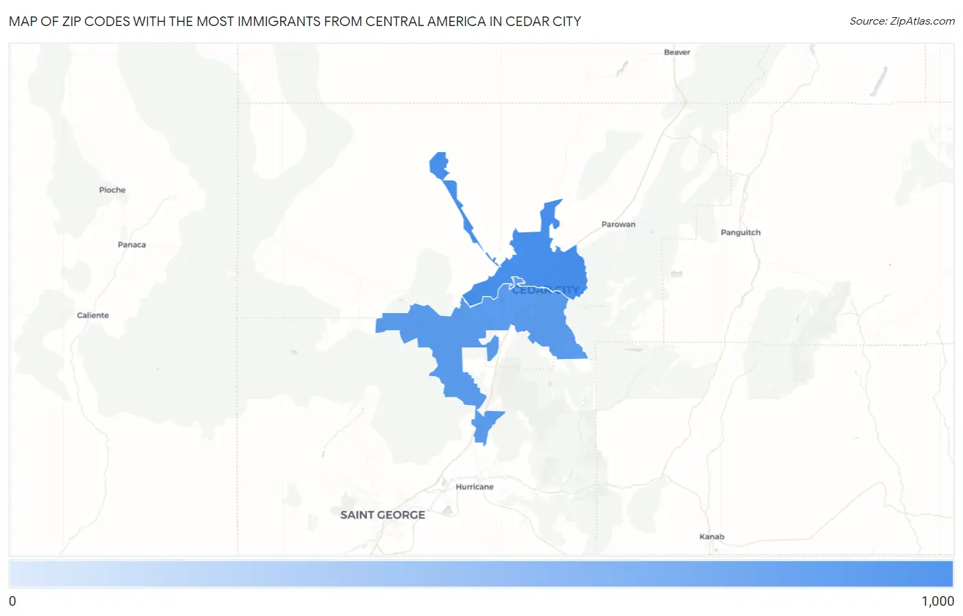 Zip Codes with the Most Immigrants from Central America in Cedar City Map