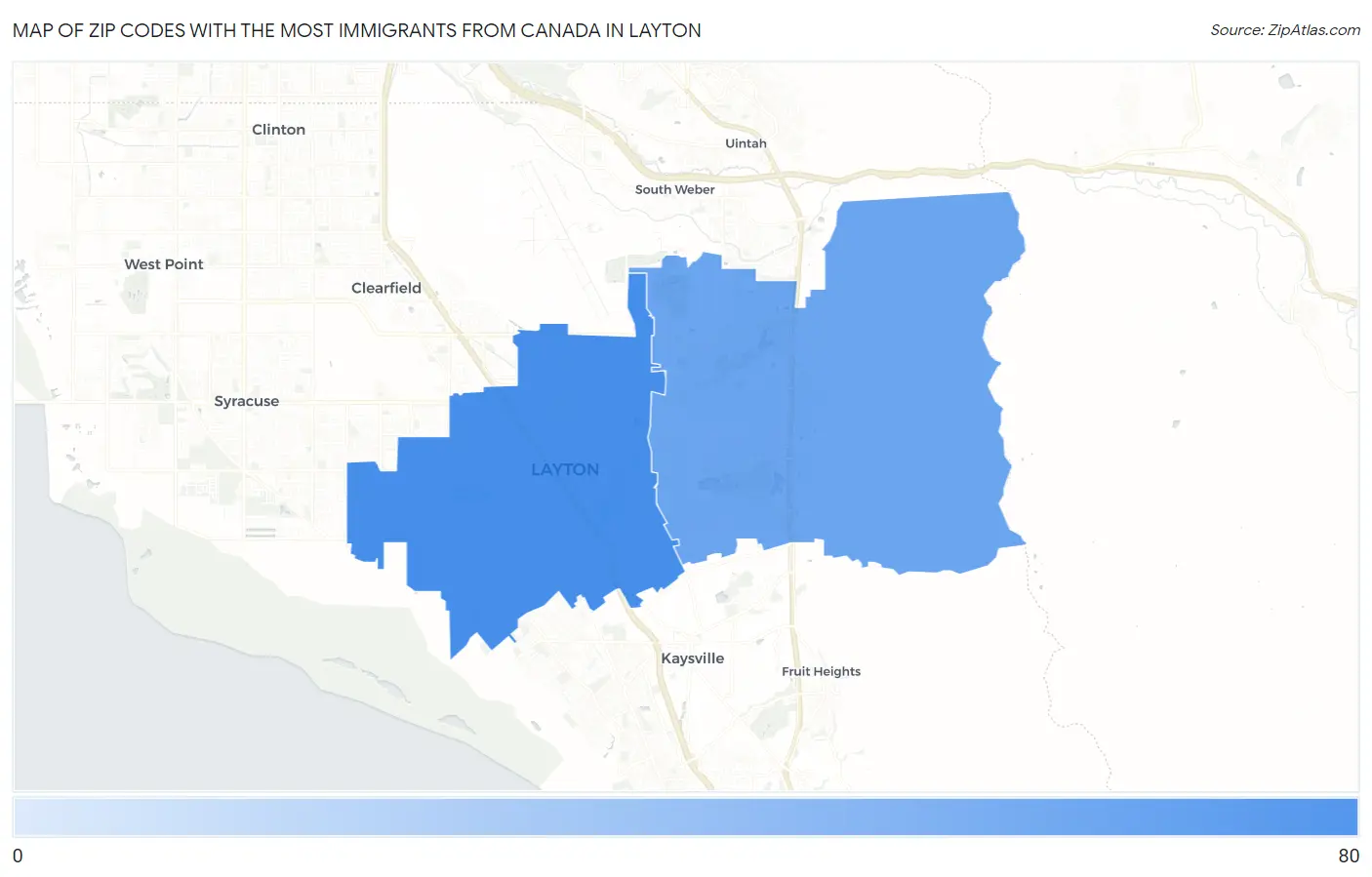 Zip Codes with the Most Immigrants from Canada in Layton Map