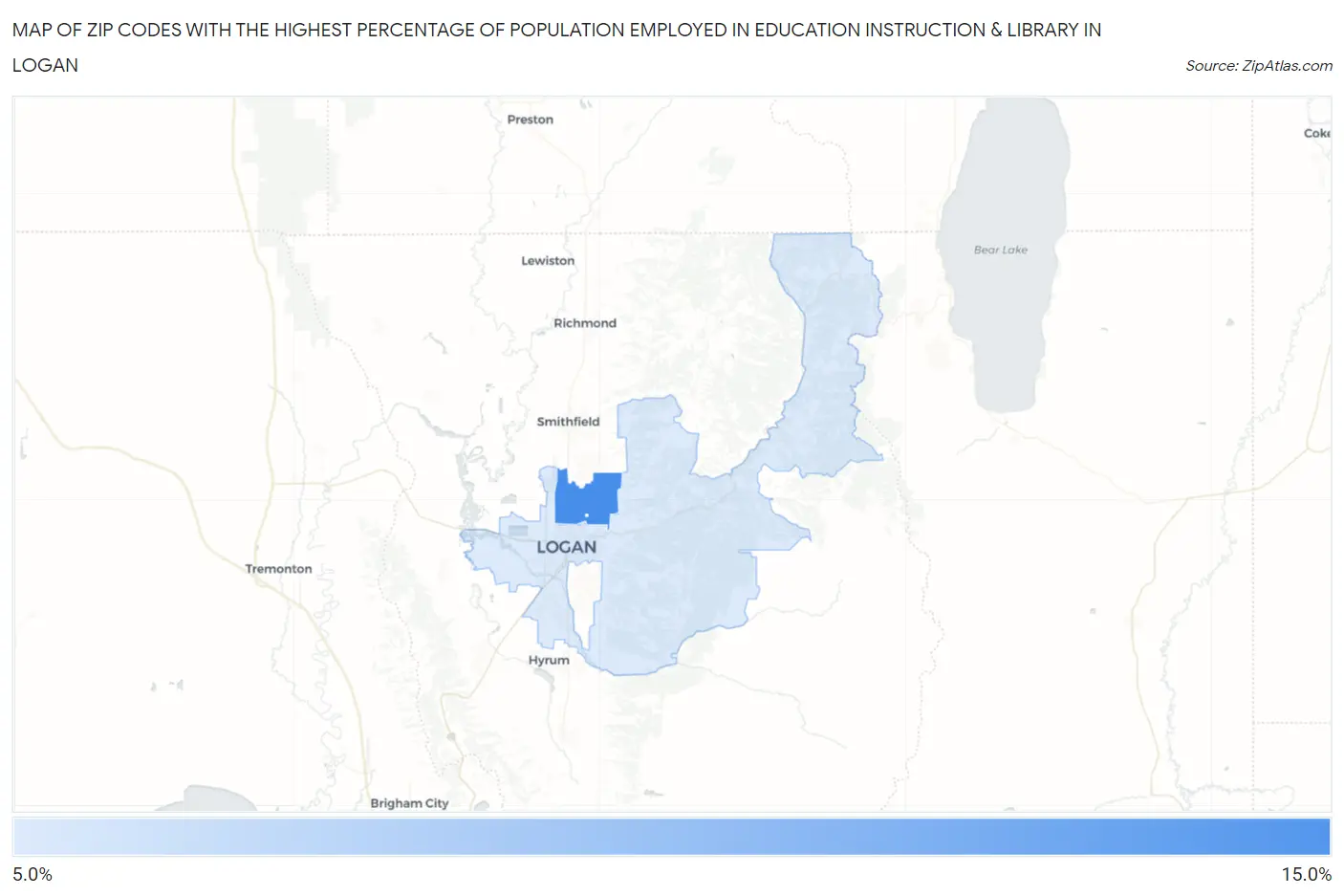 Zip Codes with the Highest Percentage of Population Employed in Education Instruction & Library in Logan Map