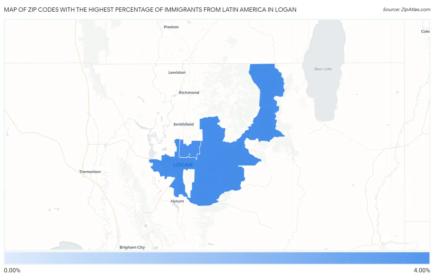 Zip Codes with the Highest Percentage of Immigrants from Latin America in Logan Map