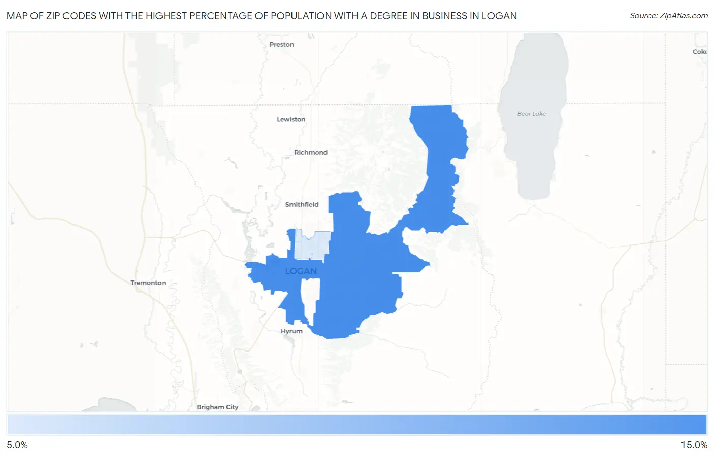 Zip Codes with the Highest Percentage of Population with a Degree in Business in Logan Map
