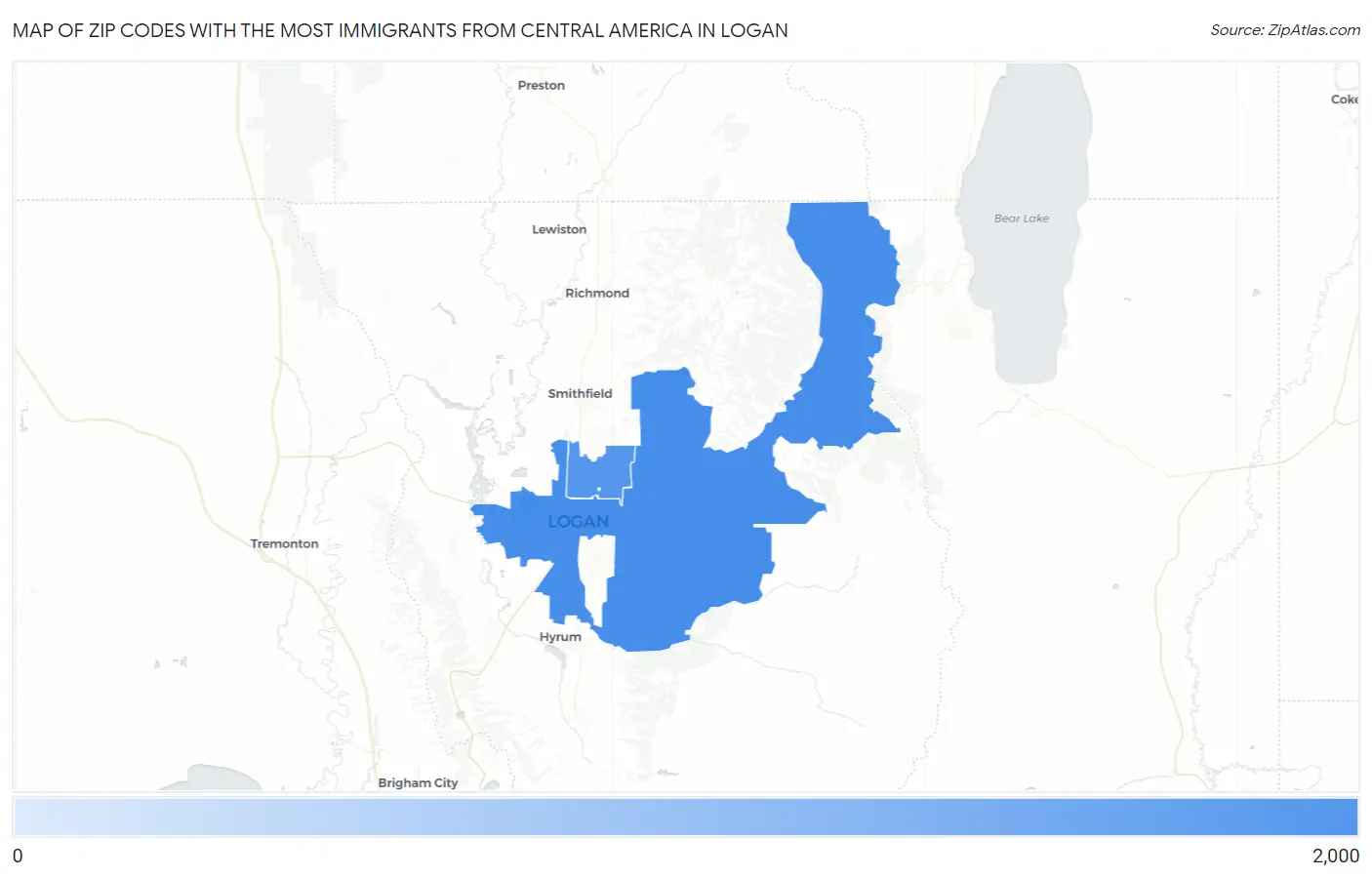 Zip Codes with the Most Immigrants from Central America in Logan Map