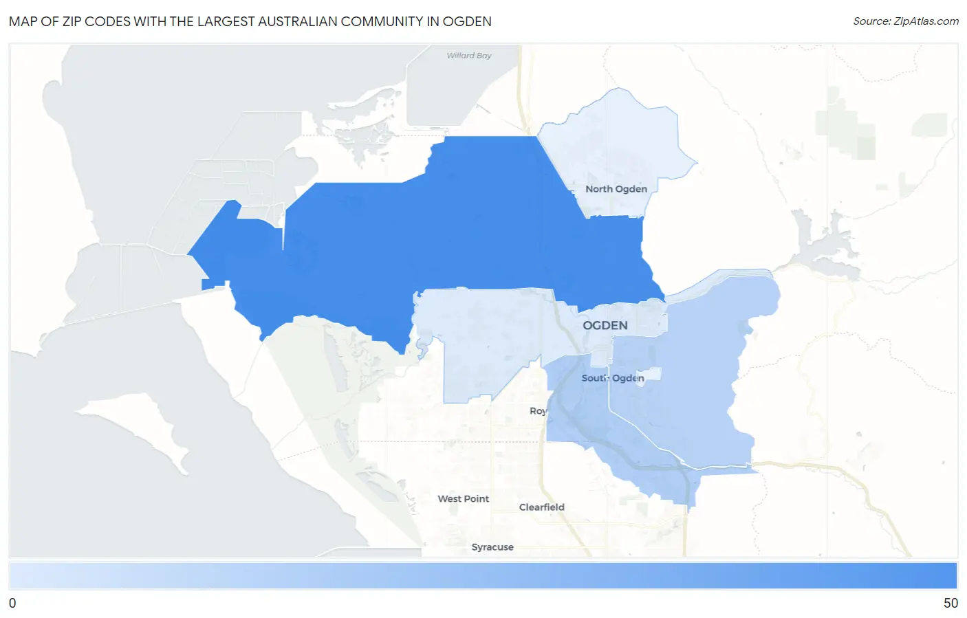 Zip Codes with the Largest Australian Community in Ogden Map
