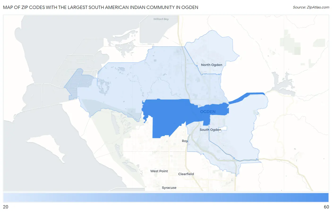 Zip Codes with the Largest South American Indian Community in Ogden Map