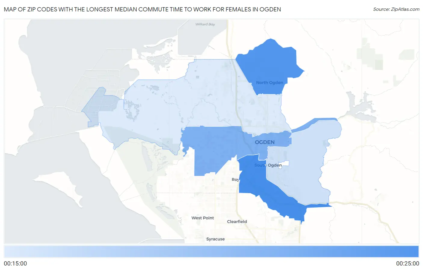 Zip Codes with the Longest Median Commute Time to Work for Females in Ogden Map