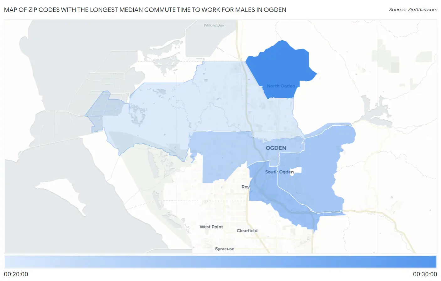 Zip Codes with the Longest Median Commute Time to Work for Males in Ogden Map