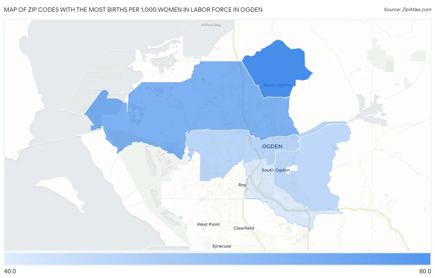 Zip Codes with the Most Births per 1,000 Women in Labor Force in Ogden Map