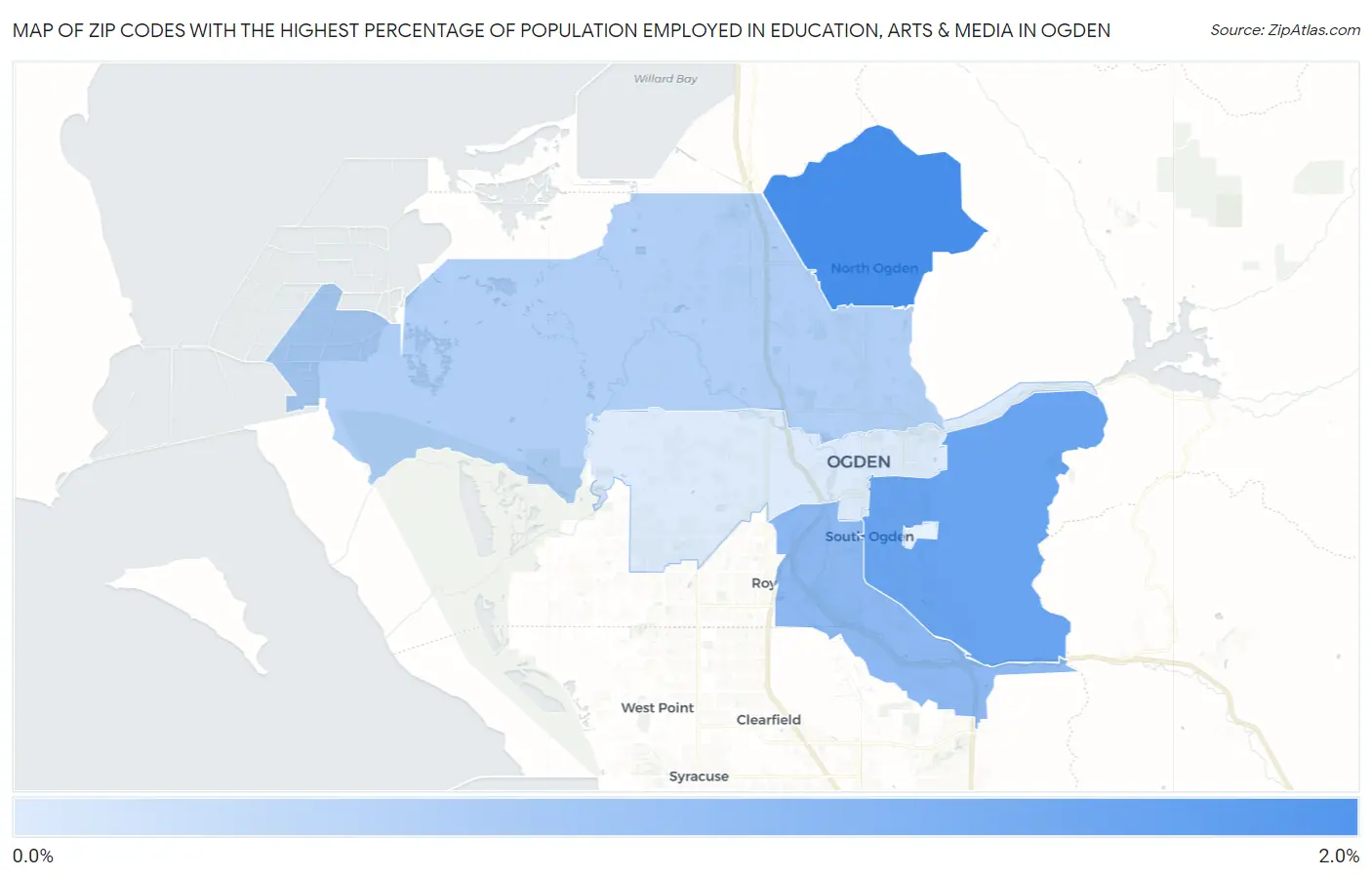 Zip Codes with the Highest Percentage of Population Employed in Education, Arts & Media in Ogden Map
