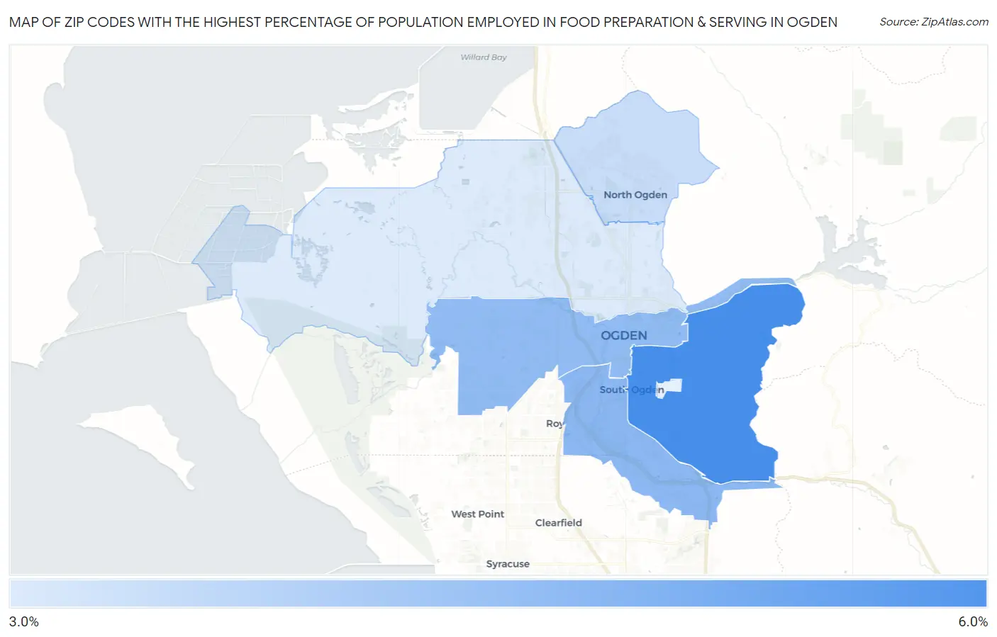 Zip Codes with the Highest Percentage of Population Employed in Food Preparation & Serving in Ogden Map
