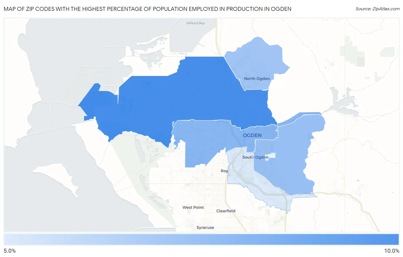 Zip Codes with the Highest Percentage of Population Employed in Production in Ogden Map