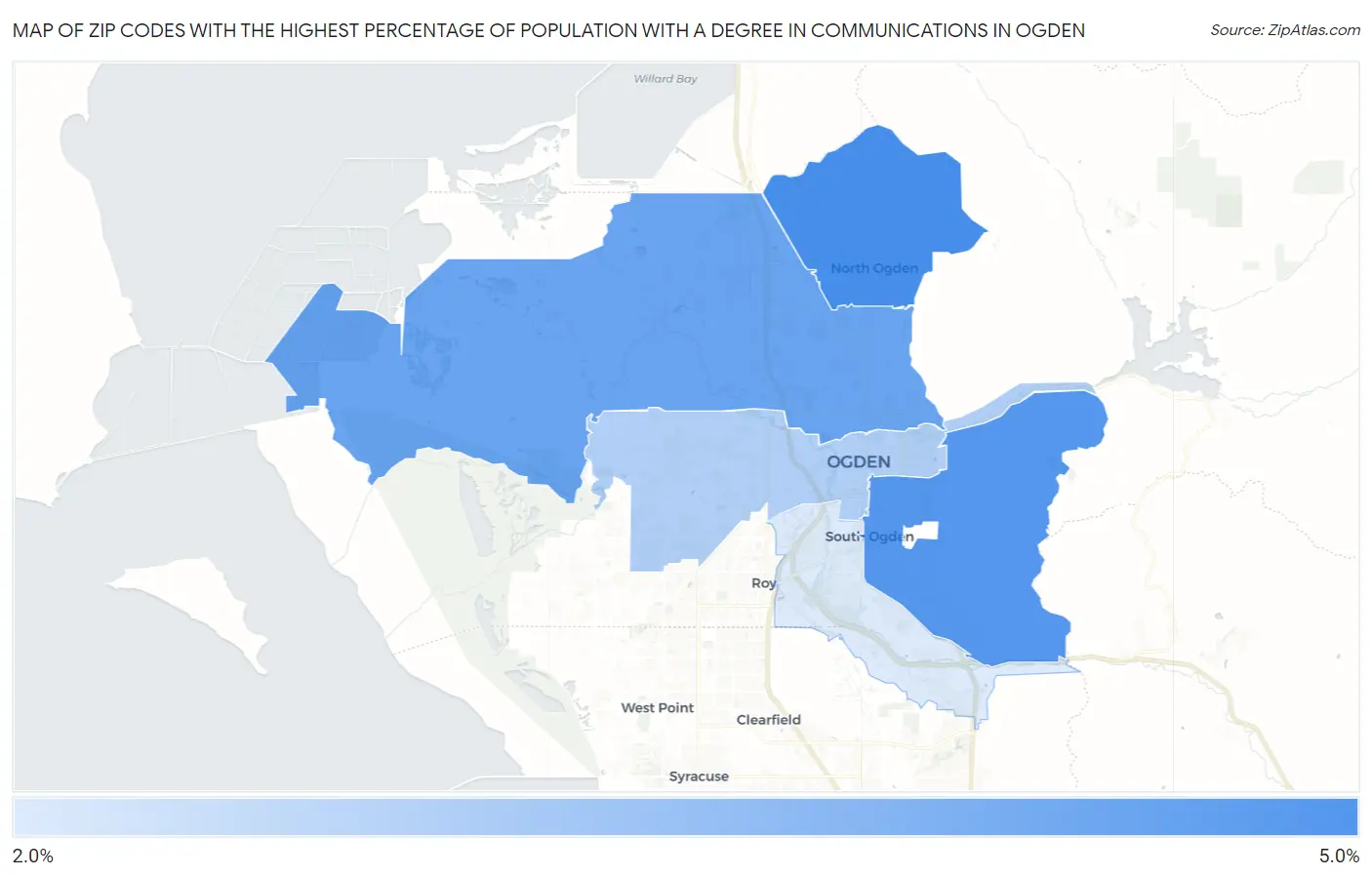 Zip Codes with the Highest Percentage of Population with a Degree in Communications in Ogden Map
